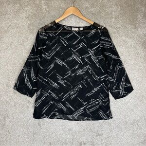 Chico’s Top Womens 0 Black Sheer 3/4 Sleeve Pullover Round Neck Polyester- 1460*